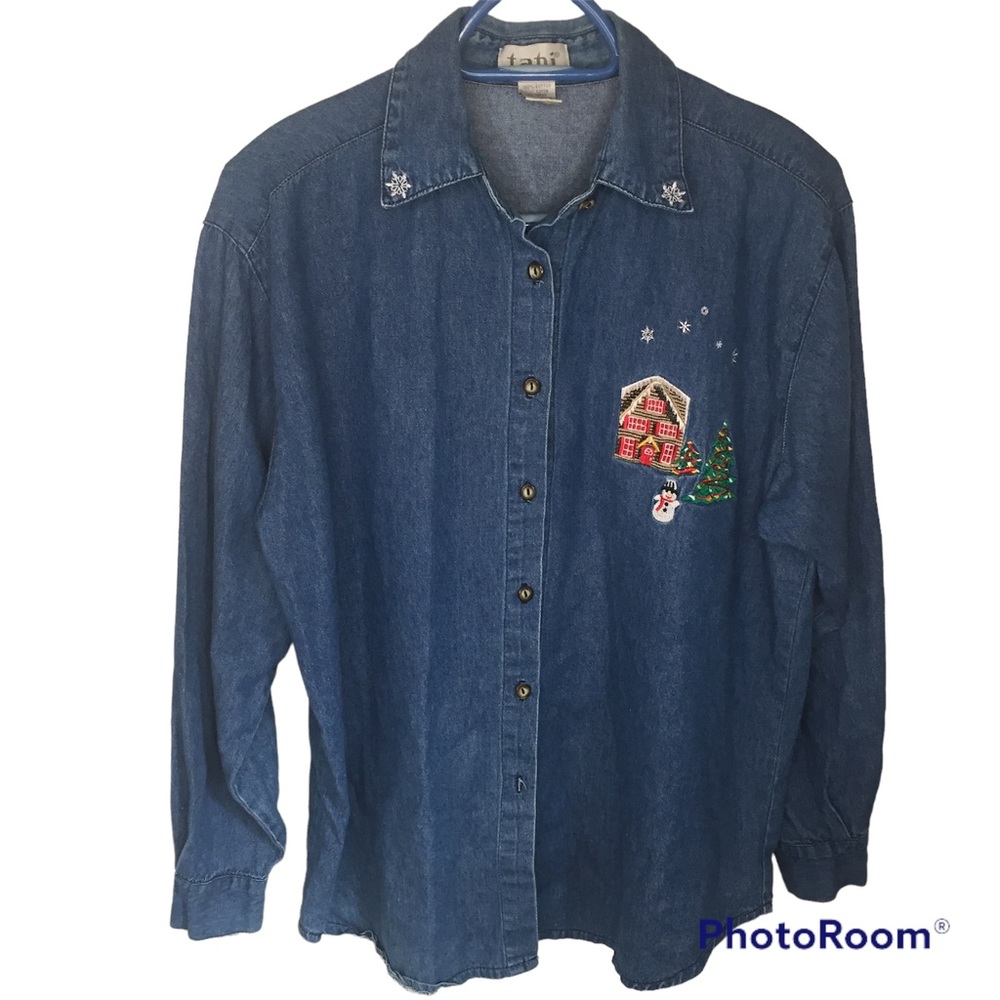 ❤️Denim  vintage tabi long sleeve Christmas winter embroidery button up shirt
